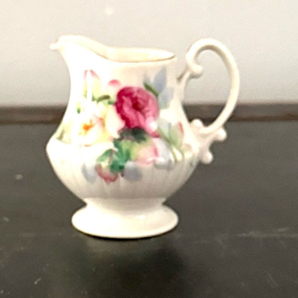 Vintage Hand Painted LEFTON CHINA Mini Cream Pitcher White With Pink Flowers